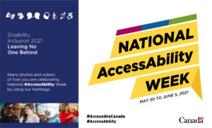7 accessibility icons on a blue rectangle with four photos of a smiling Indigenous man, a smiling young woman, a smiling woman swimming, and a woman using sign language. On the right side of the image are the words "National AccessAbility Week. May 30 to June 5 2021. Hashtag accessible canada. Hashtag Access Ability. Canada watermark.