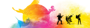 Multicoloured drawing with a blue narwhal, yellow eagle, and pink violin all flying out of an orange sun and beside it, three Indigenous people: one beating a drum, one dancing, and one playing a violin.