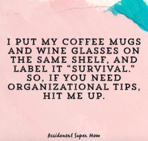 Rose pink background with text saying "I put my coffee mugs and wine glasses on the same shelf and label it 'survival'. So, if you need any organizational tips, hit me up."