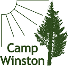 Camp Winston logo with a quarter of the sun shining down on a pine tree