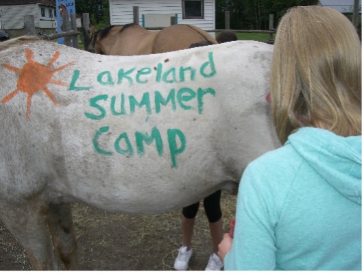 Girl in a blue sweater painting "lakeland summer camp" with a red sun on the side of a white horse