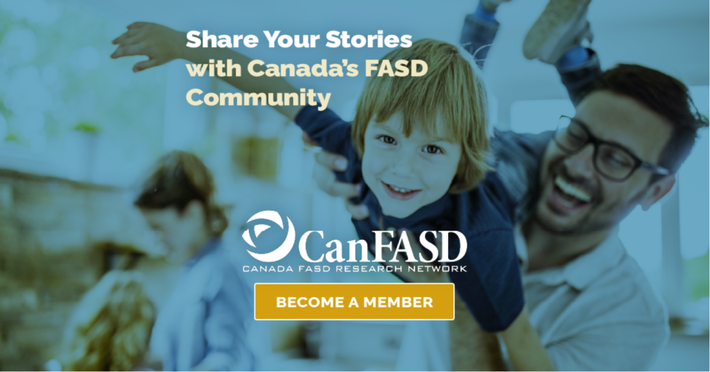father picking up child in the air with text "share your stories with Canada's FASD community: become a member" on top.
