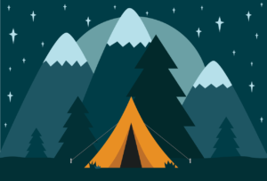 Graphic of orange tent opened with pine trees and mountains behind, centred in front of a starry sky with a rising moon.