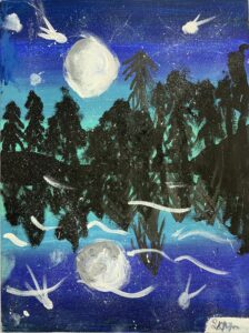 painting of pine trees and stars reflected on a lake at night