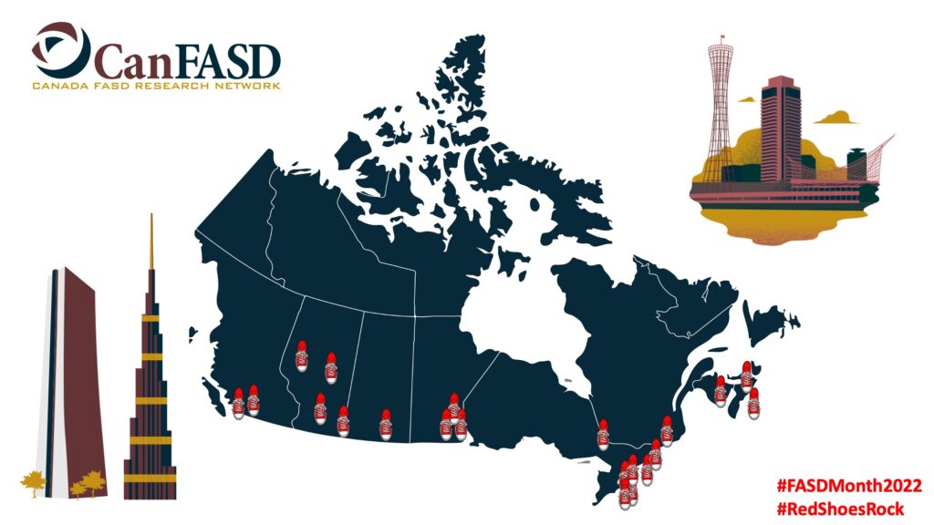 Map of Canada with red shoes marking landmarks that will light up red for #FASDMonth2022 #RedShoesRock