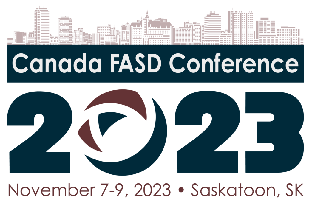 Logo for the Canada FASD Conference 2023, November 7-9, 2023 in Saskatoon, SK featuring a line drawing of the Saskatoon skyline.