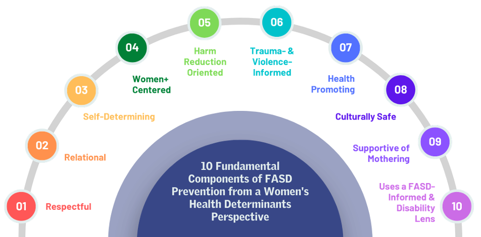 Illustration of the 10 fundamental components of FASD prevention from a women’s health determinants perspective