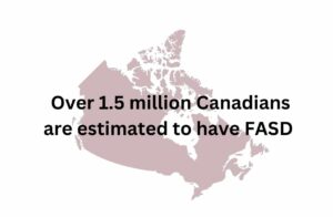 Outline of Canada overlayed with the text "over 1.5 million Canadians are estimated to have FASD"