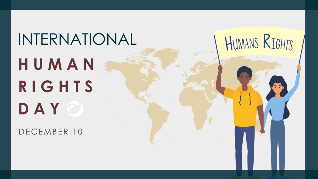 Graphic for International Human Rights Day with a map of the globe in the background and two people waving a flag that says human rights on it.