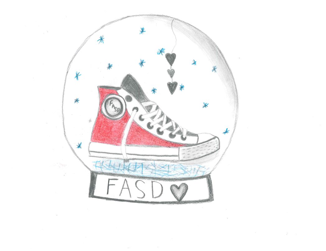 Drawing of a red shoe inside a snow globe