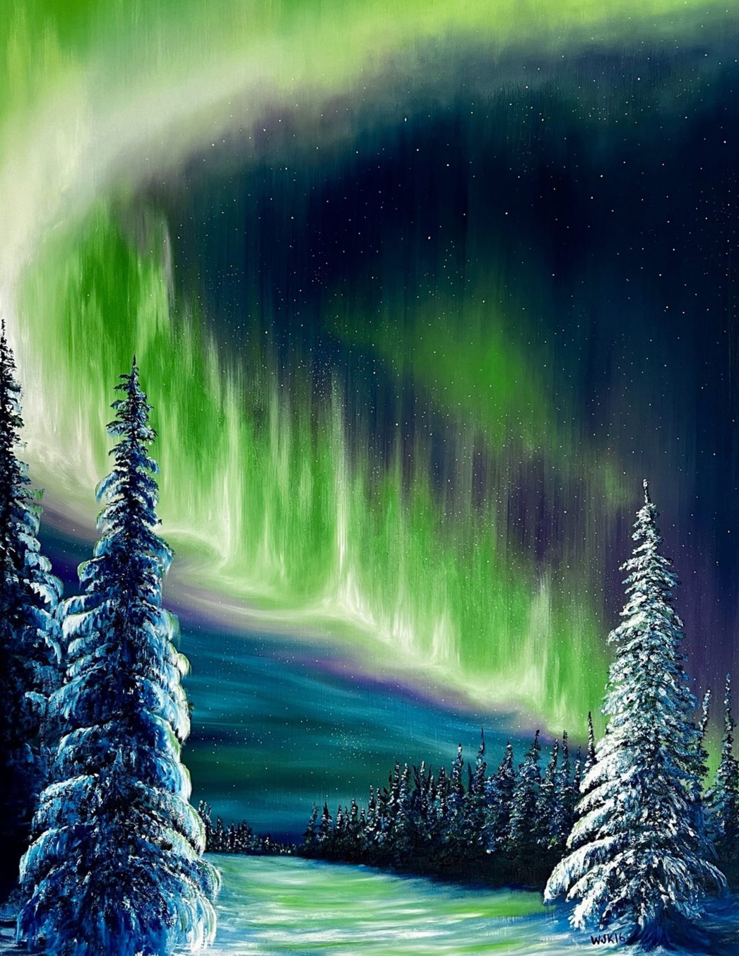 Northern lights shimmering in the night sky above snow-covered trees.