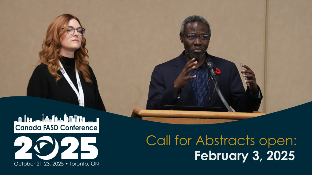 A man and a woman speaking at a conference with text reading 'call for abstracts opens February 3, 2025'